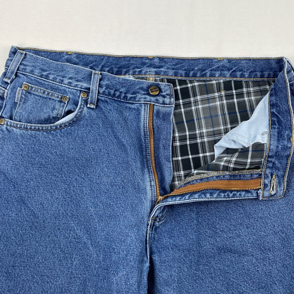 Carhartt Flannel Lined Relaxed Fit Jeans Mens 34x30 Blue Denim Plaid Lining